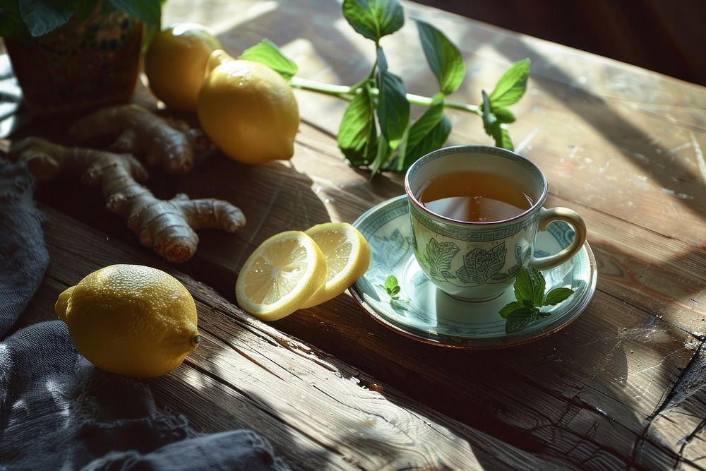 Ginger tea lemon beverage produce.