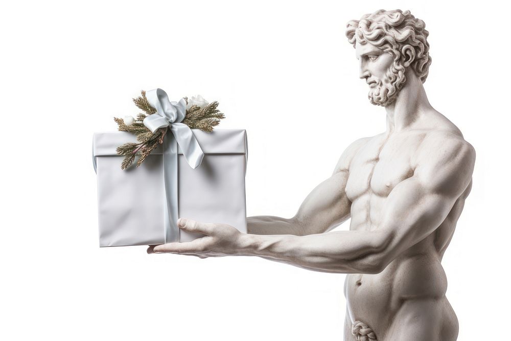 Greek sculpture holding a gift accessories accessory handbag.