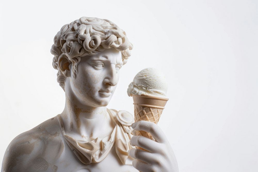 Greek sculpture holding an ice cream dessert person creme.