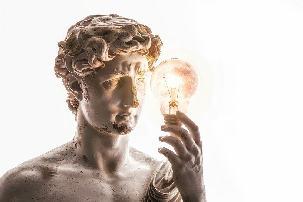 Greek sculpture holding light bulb photography lightbulb portrait.