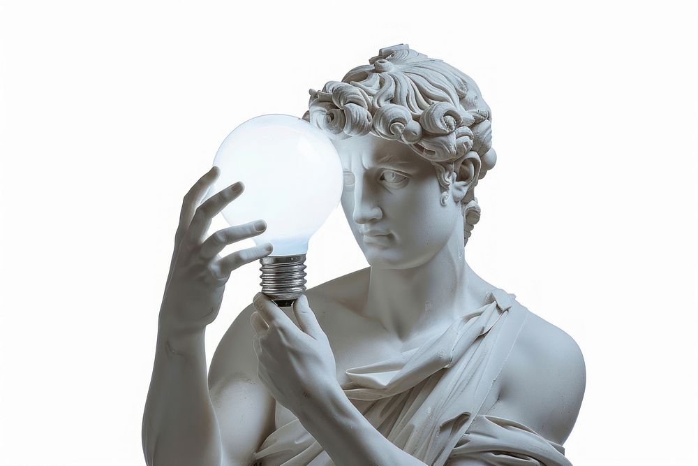 Greek sculpture holding light bulb statue lightbulb person.