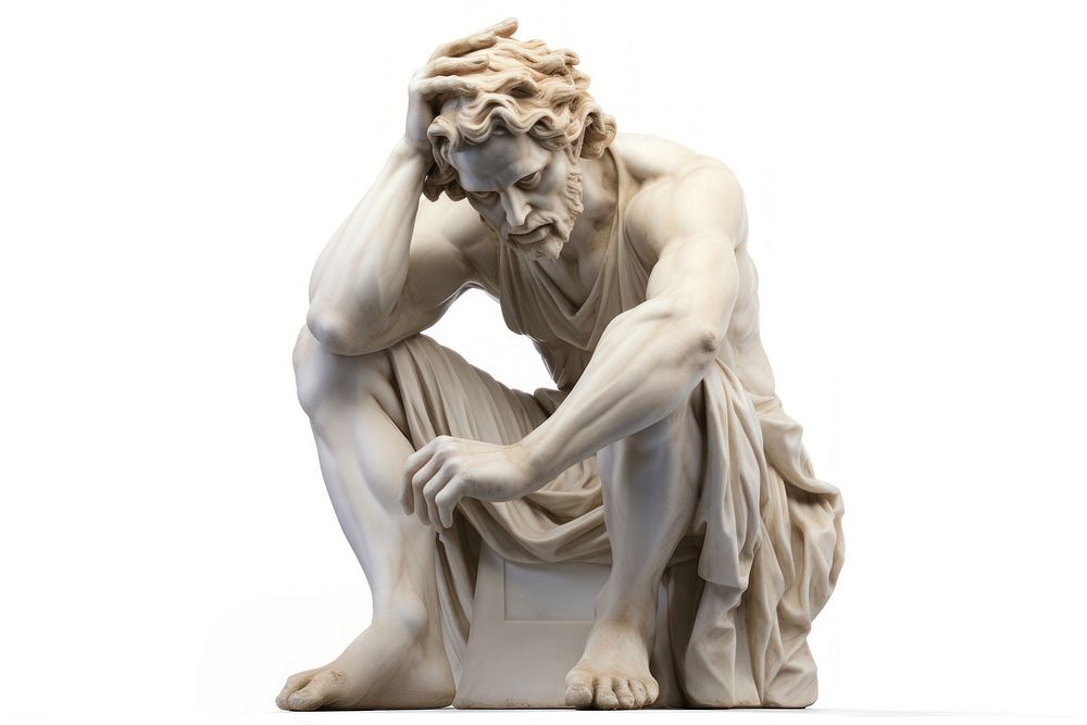 Greek sculpture in sad mood statue clothing apparel.