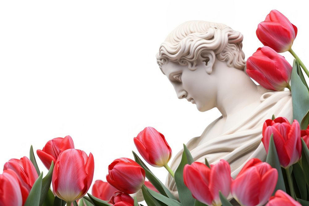 Greek sculpture with tulips border foreground blossom flower female.