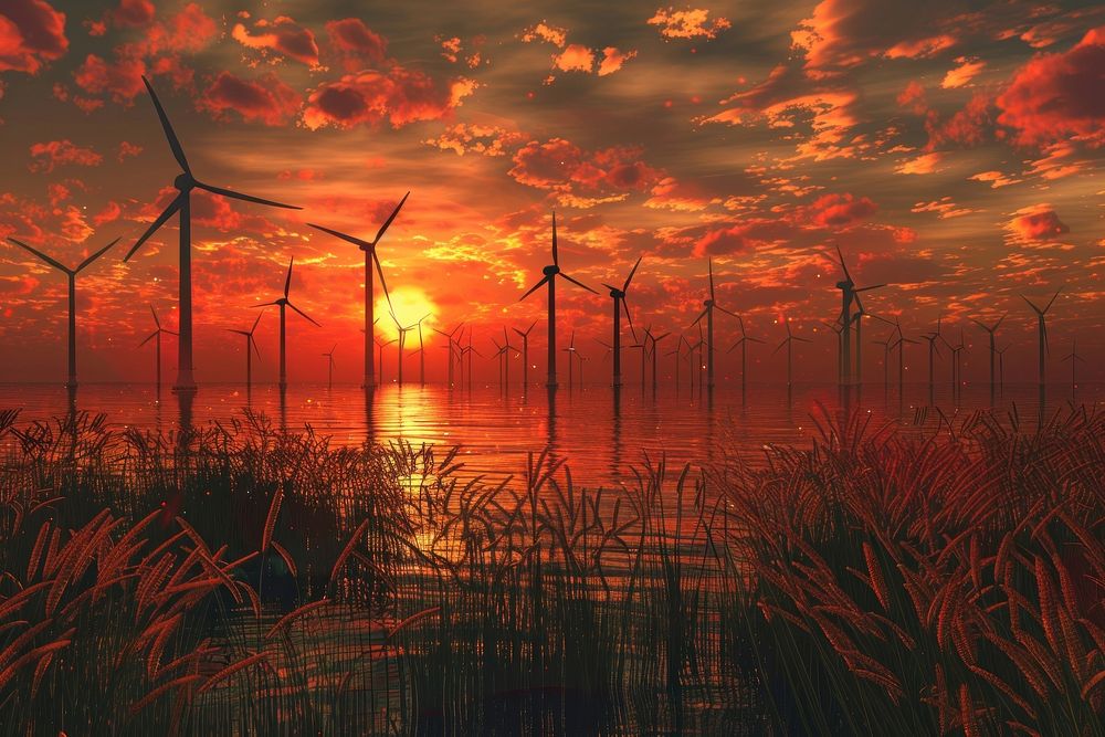 Wind Turbines sunset landscape outdoors.