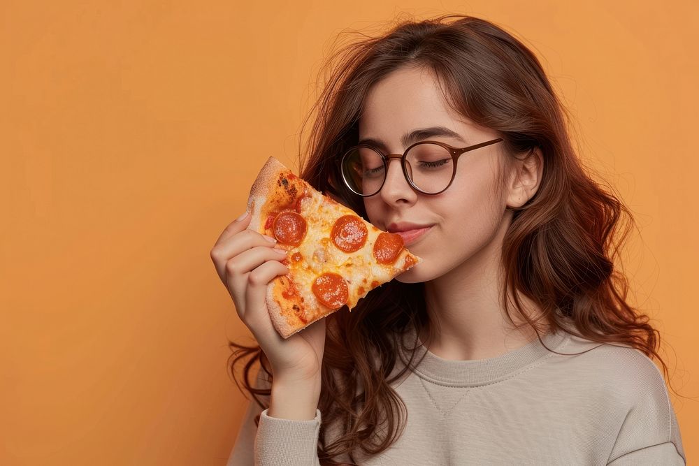 Woman wear glasses pizza person biting.