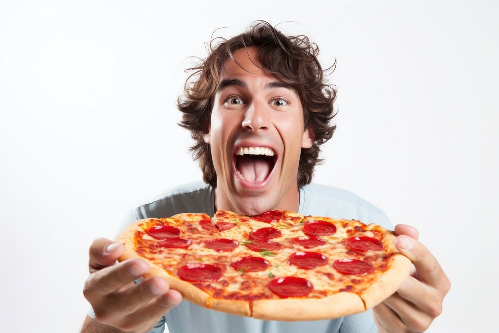 Man having a pepperoni pizza person human head.
