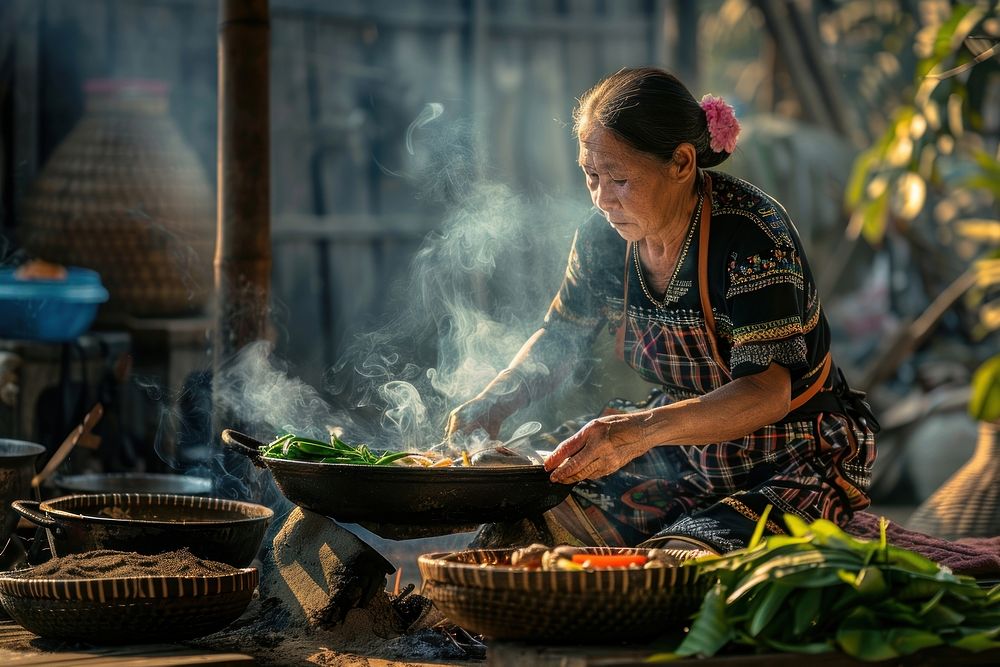 Laos cooking woman food.