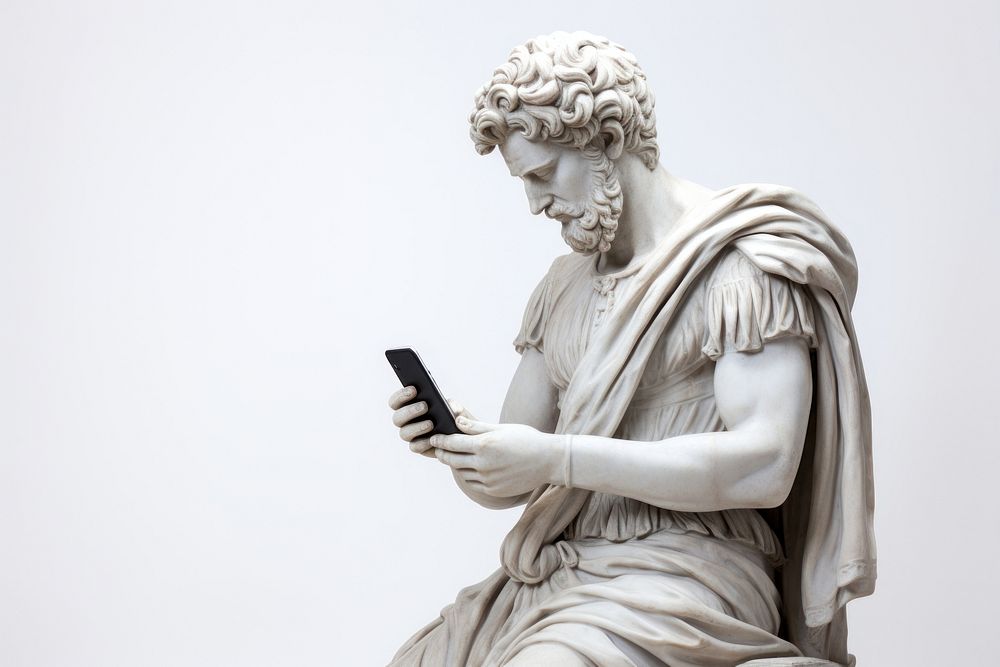 Greek sculpture holding phone statue electronics clothing.