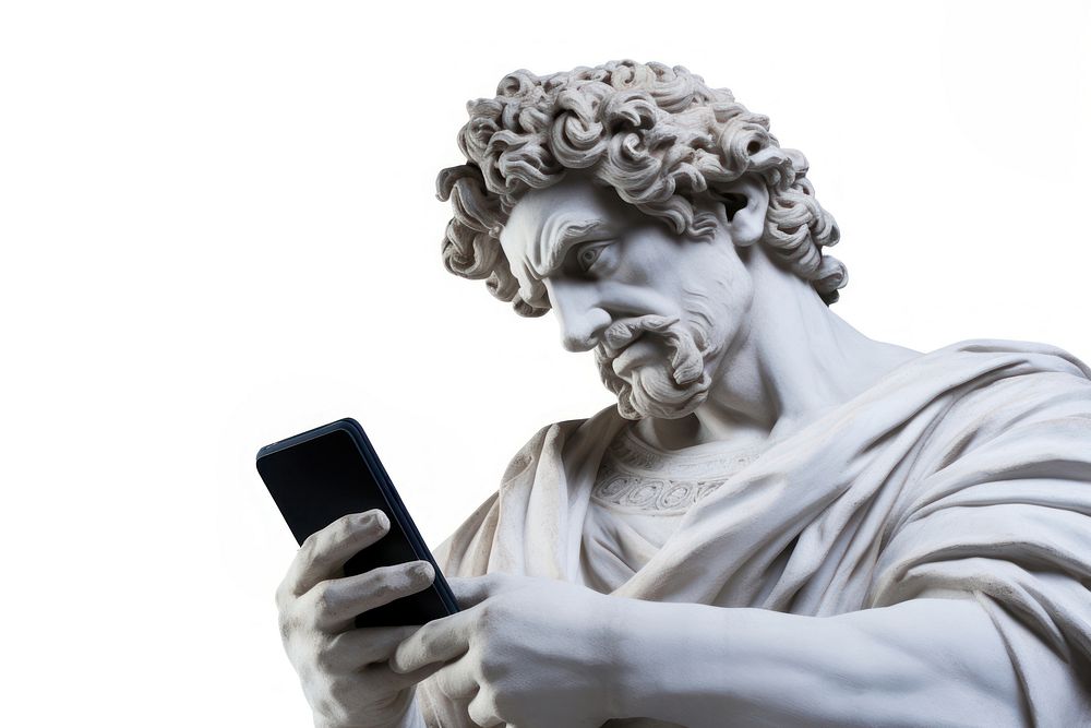 Greek sculpture holding phone statue electronics person.