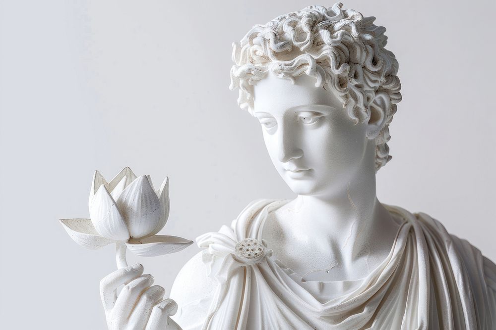 Greek sculpture holding a lotus statue clothing apparel.