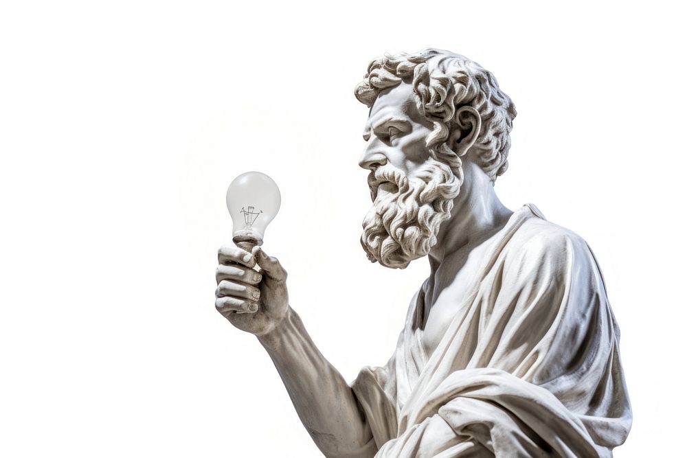 Greek sculpture holding a light bulb statue person human.