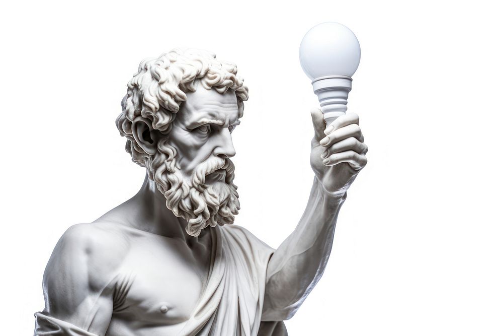 Greek sculpture holding a light bulb statue person human.