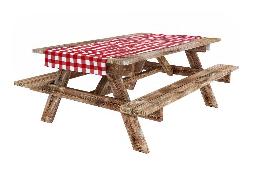 Wooden picnic table bench wood tablecloth.