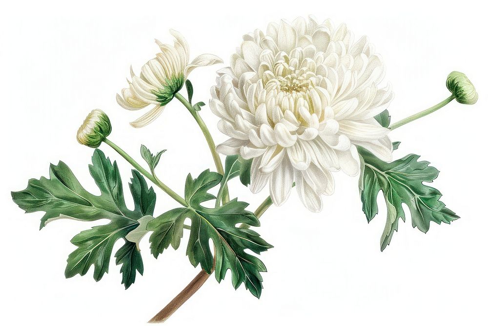 Botanical illustration chrysanthemum asteraceae blossom flower.