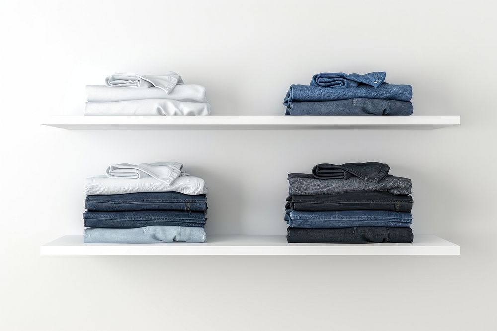 Closet shelves with jeans furniture clothing apparel.