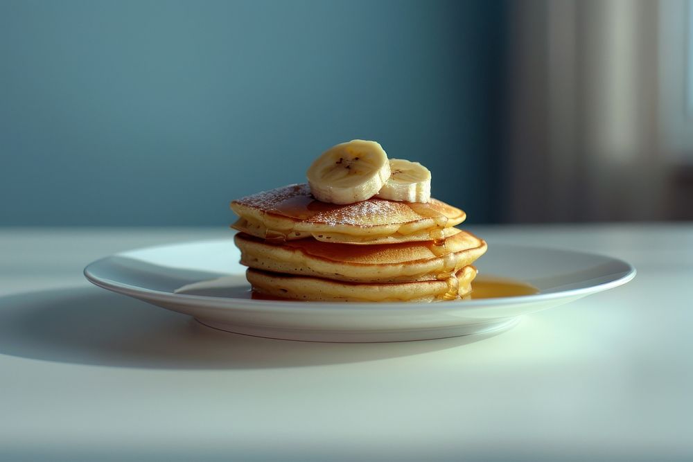 Pancakes with banana produce bread fruit.