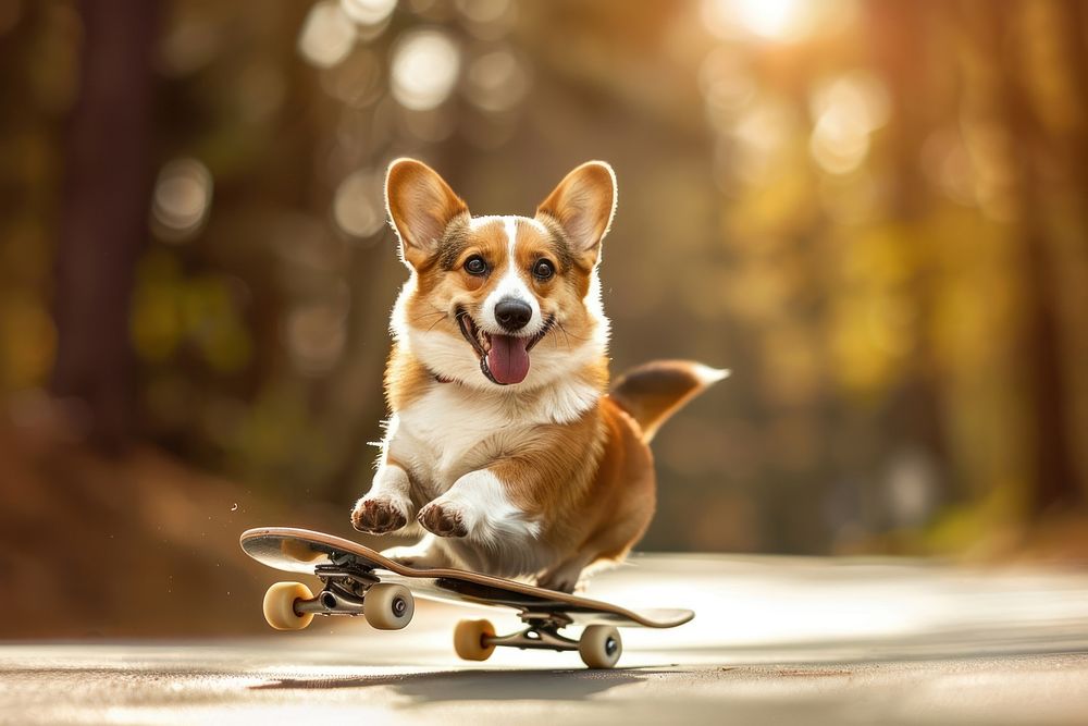 Corgi skateboarding medication animal canine.