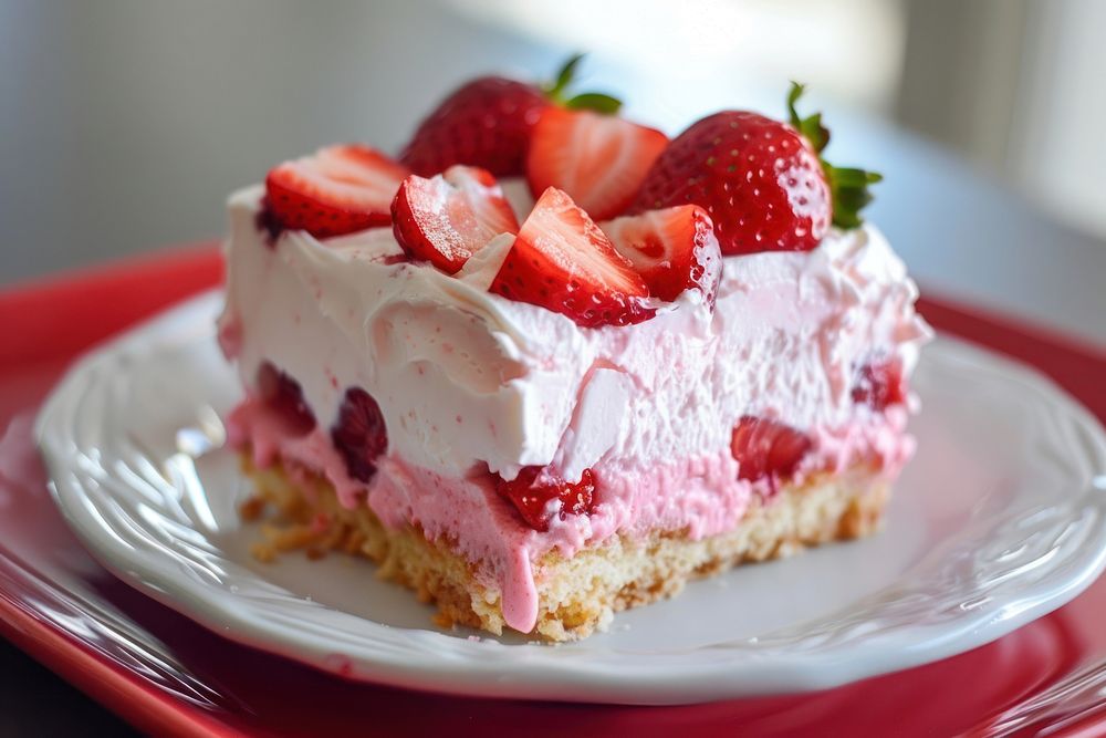 Strawberry poke cake dessert produce cream.
