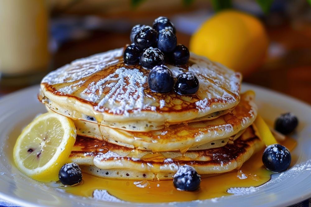 Lemon Blueberry Pancakes pancake produce brunch.