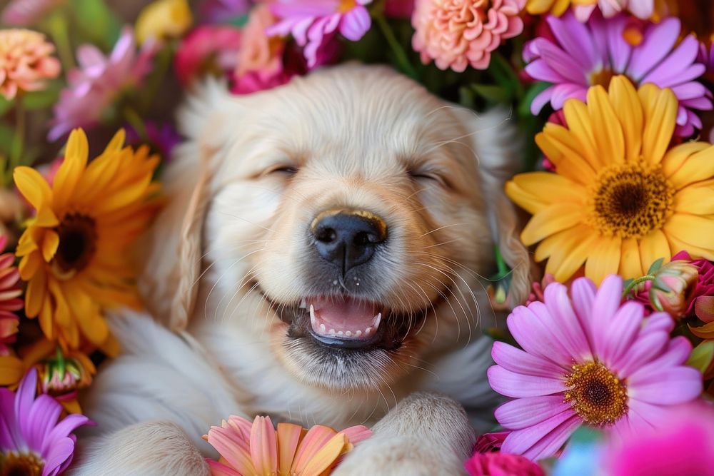 Puppy with colorful flower asteraceae blossom anemone.