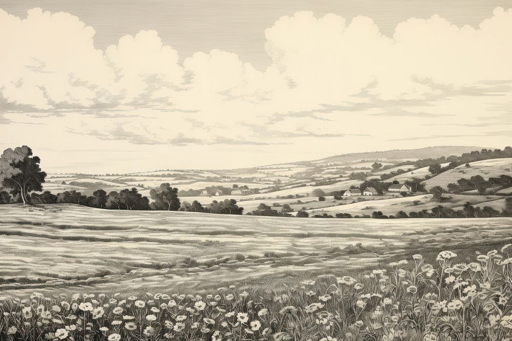 Meadow landscape drawing illustrated grassland.