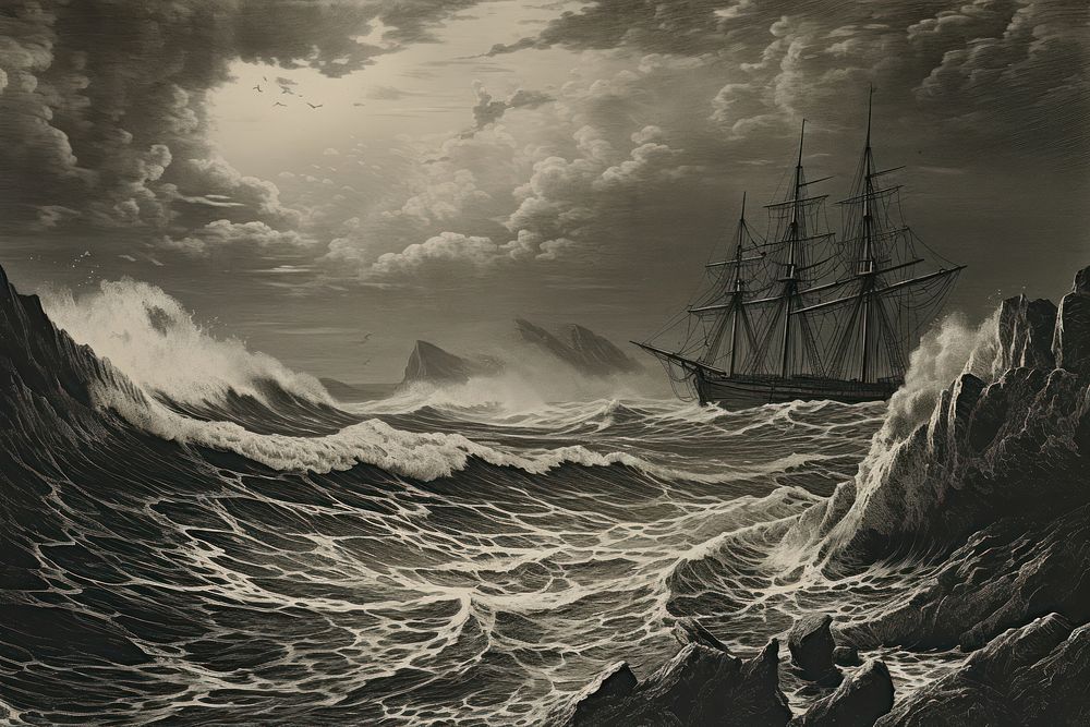 Sea landscape transportation sailboat painting.