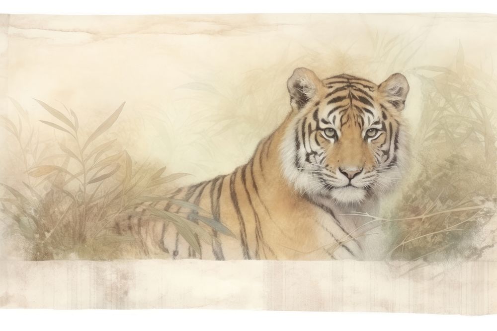 Tiger in jungle vintage illustration wildlife animal mammal.