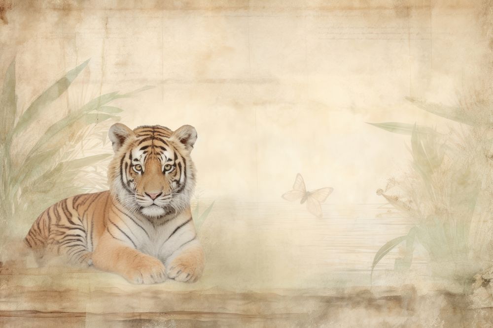Tiger in jungle vintage illustration wildlife animal mammal.