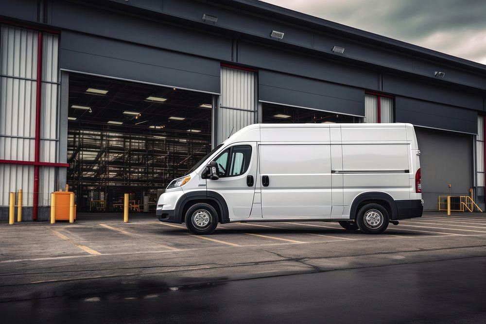 Van transportation delivering warehouse. 