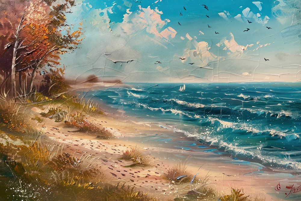 Beach painting landscape shoreline.