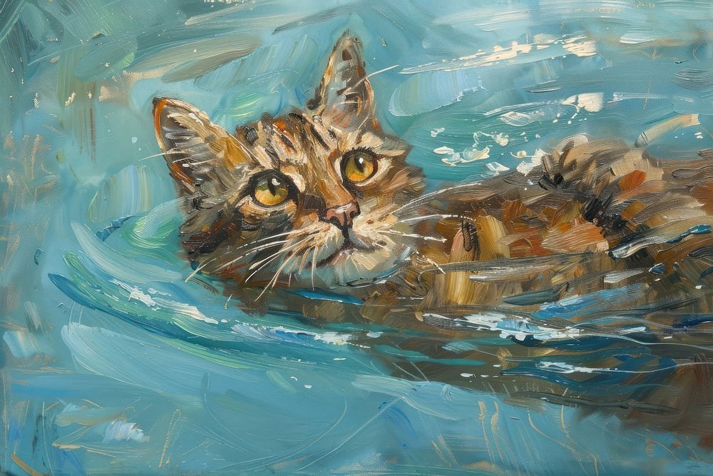 Cat swimming in pool painting animal mammal.