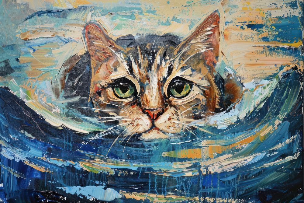 Cat swimming in pool painting person animal.