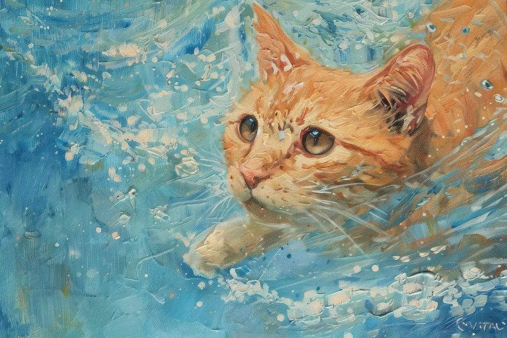 Cat swimming in pool painting animal mammal.