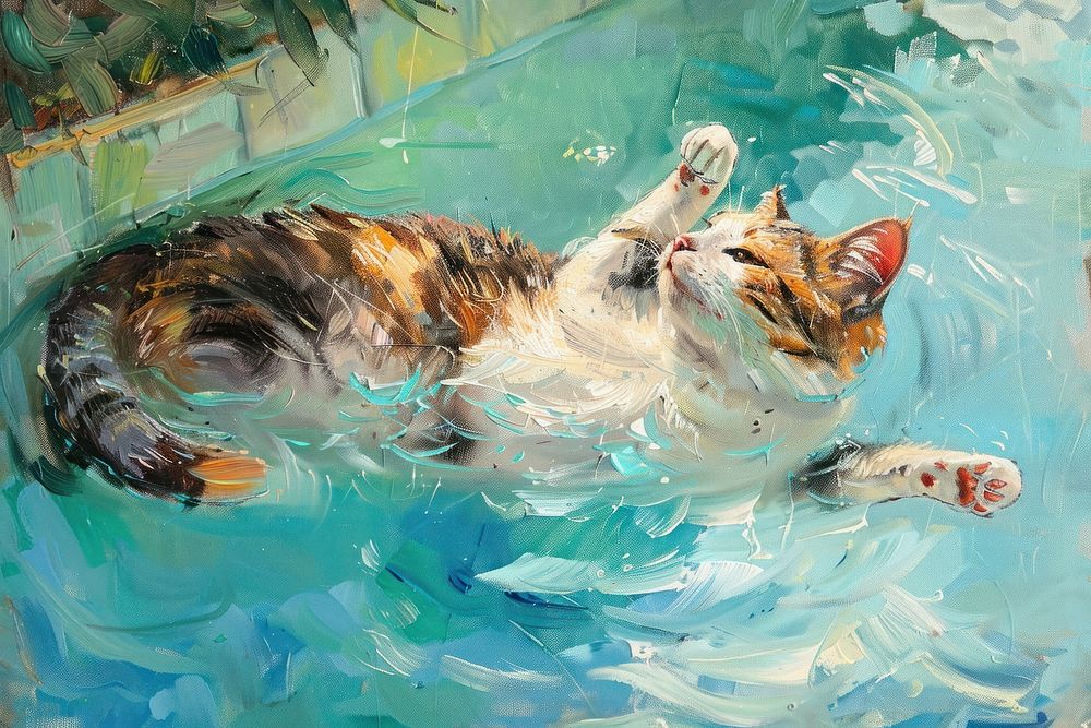 Cat play in pool painting cat animal.