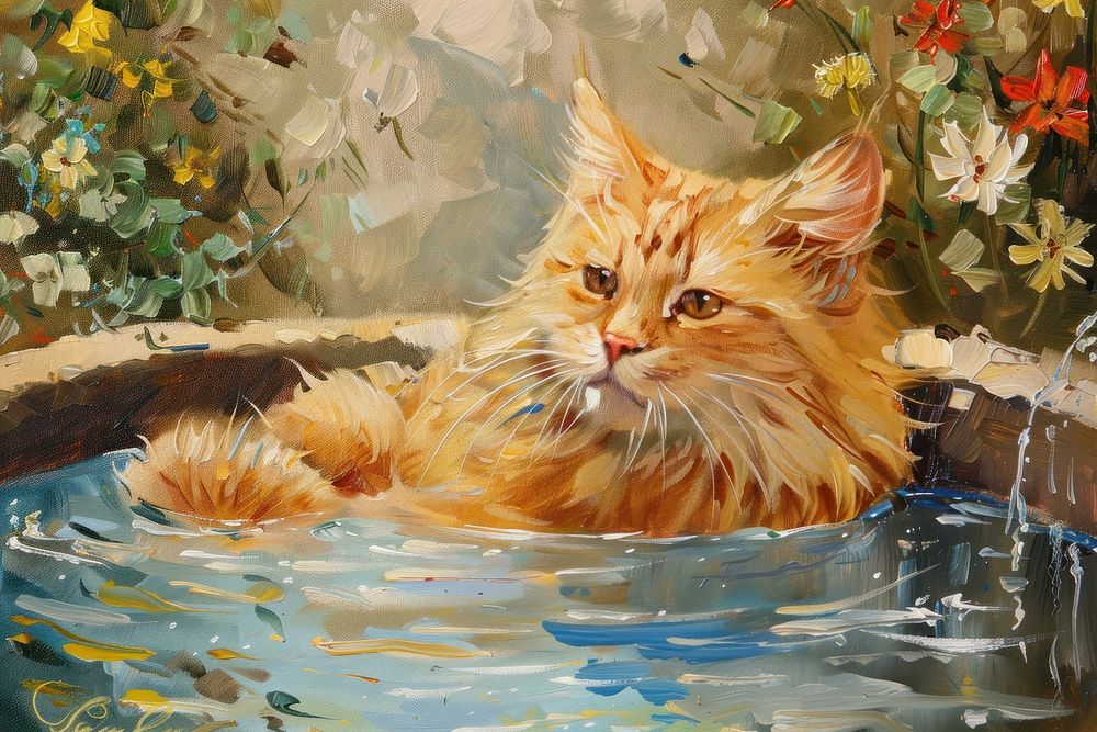 Cat play in pool painting cat animal.