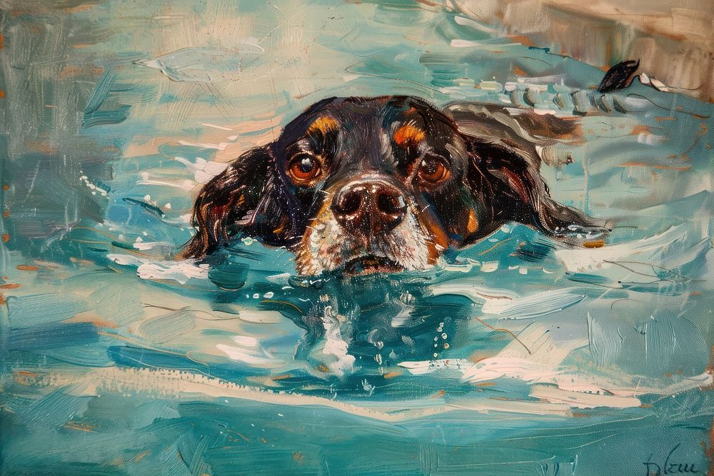 Dog swimming in pool painting dog animal.