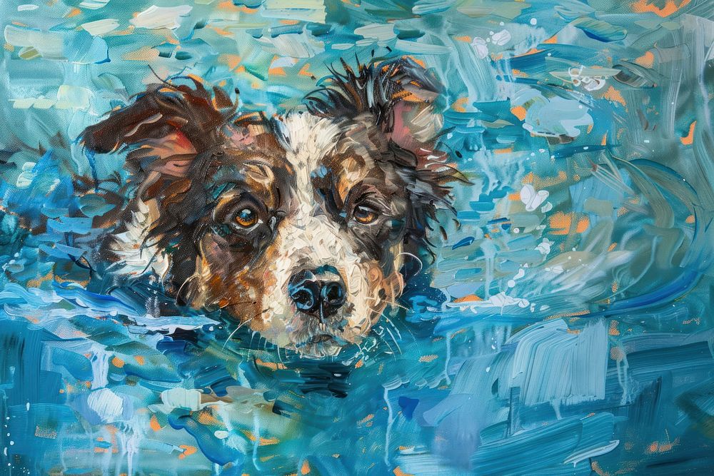 Dog swimming in pool painting person animal.