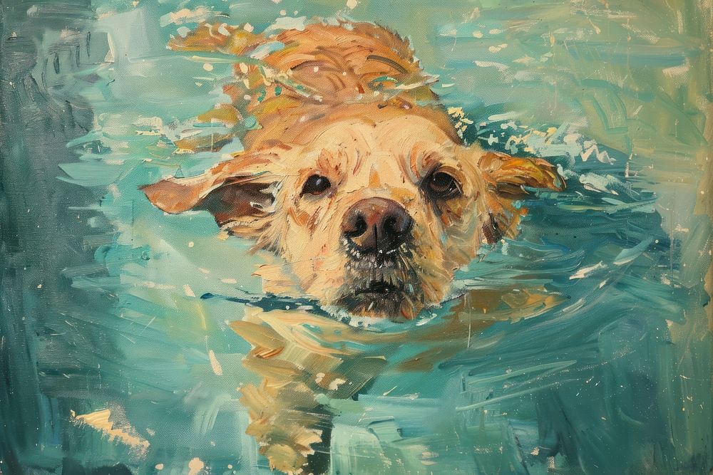 Dog swimming in pool painting dog terrier.