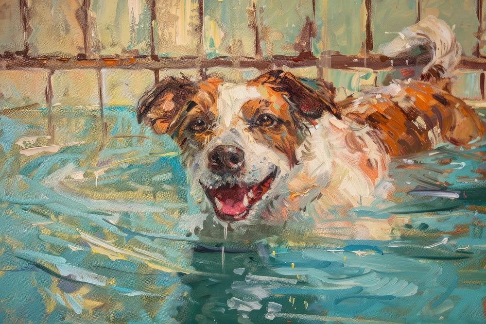 Dog play in pool painting dog animal.