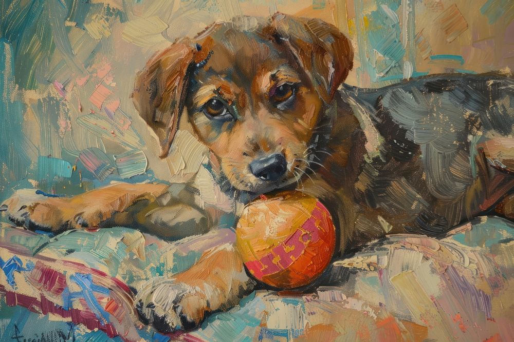 Dog playing toy painting sports tennis.