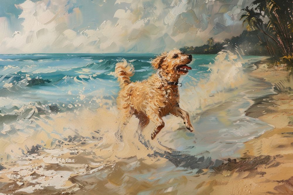 Dog running beach painting dog outdoors.