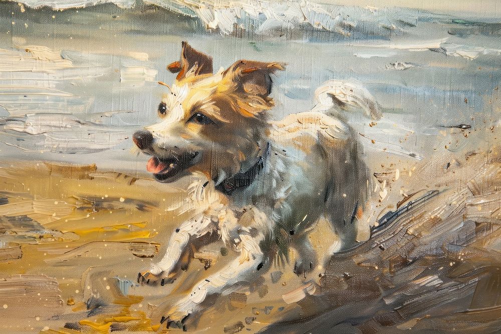 Dog running beach painting dog animal.