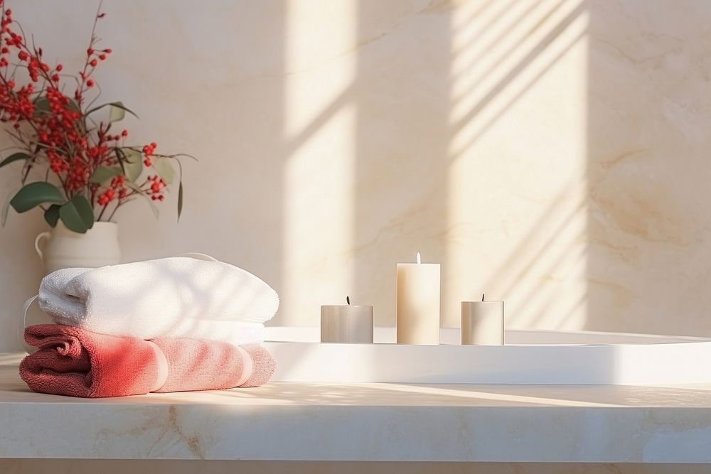 White marble bathtub towel bathing candle.