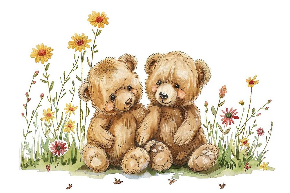 Teddy bears illustrated blossom drawing.