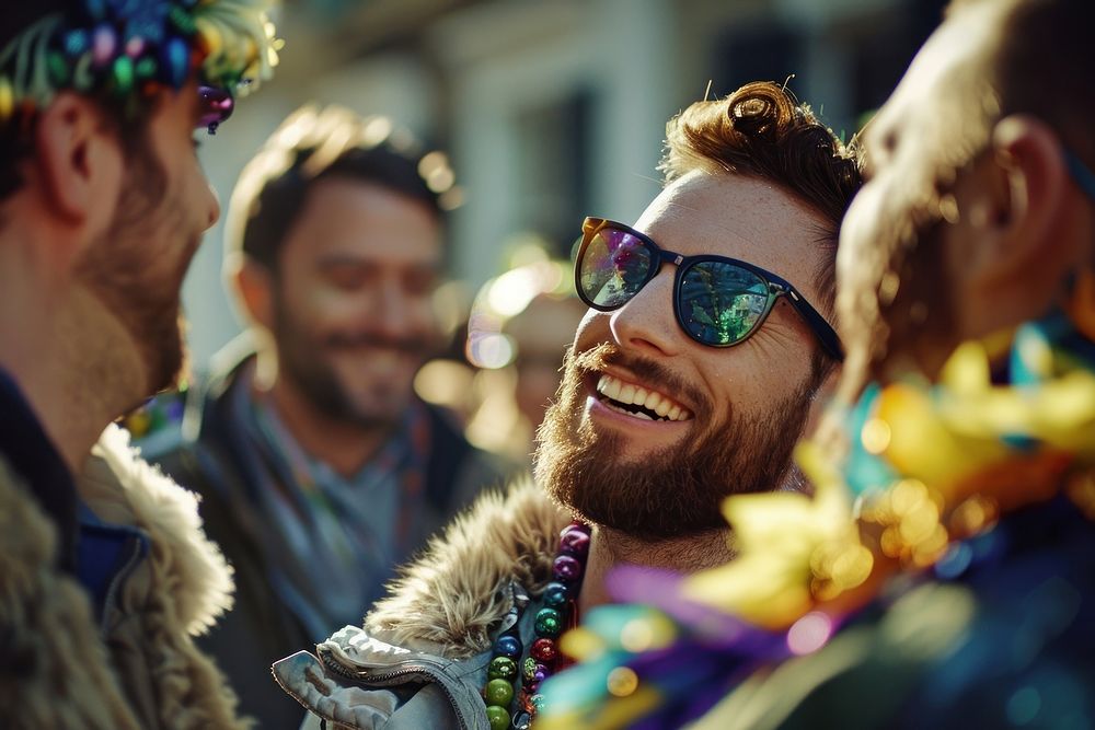 Man interacting with friends accessories sunglasses mardi gras.