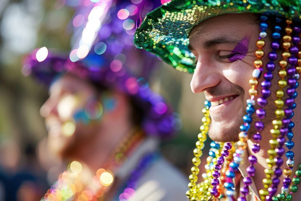 Man interacting with friends accessories mardi gras accessory.