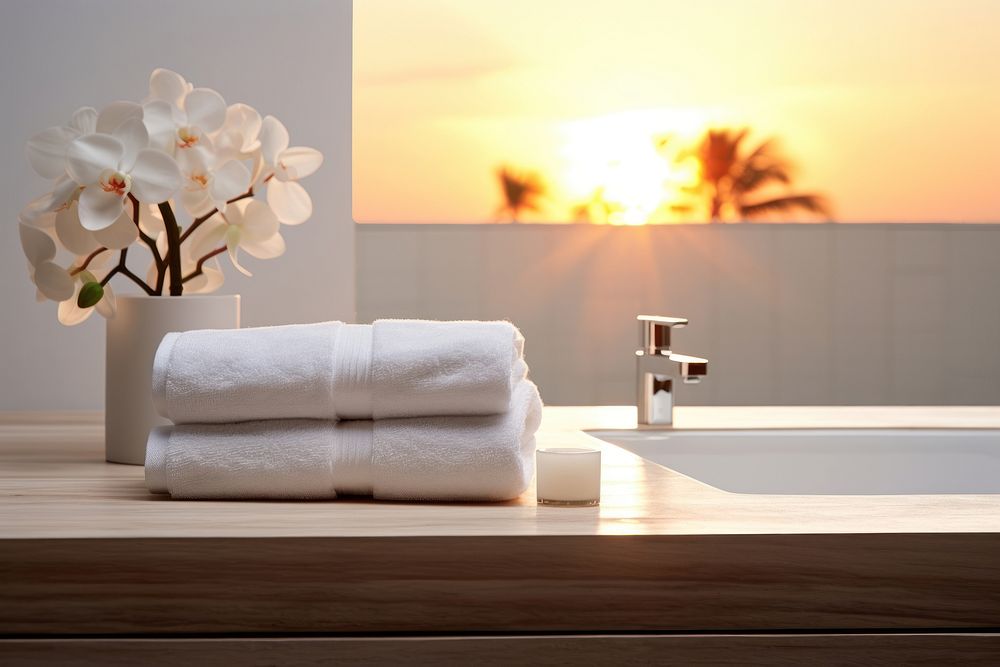 Bathroom scene towel bathing blossom.