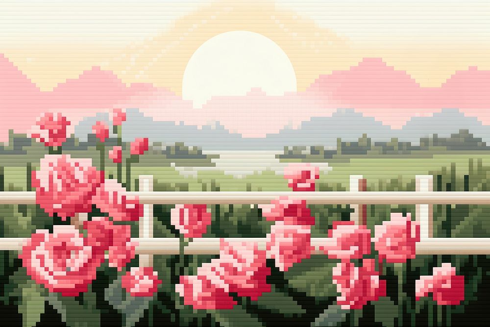 Cross-stitch rose garden architecture building painting.