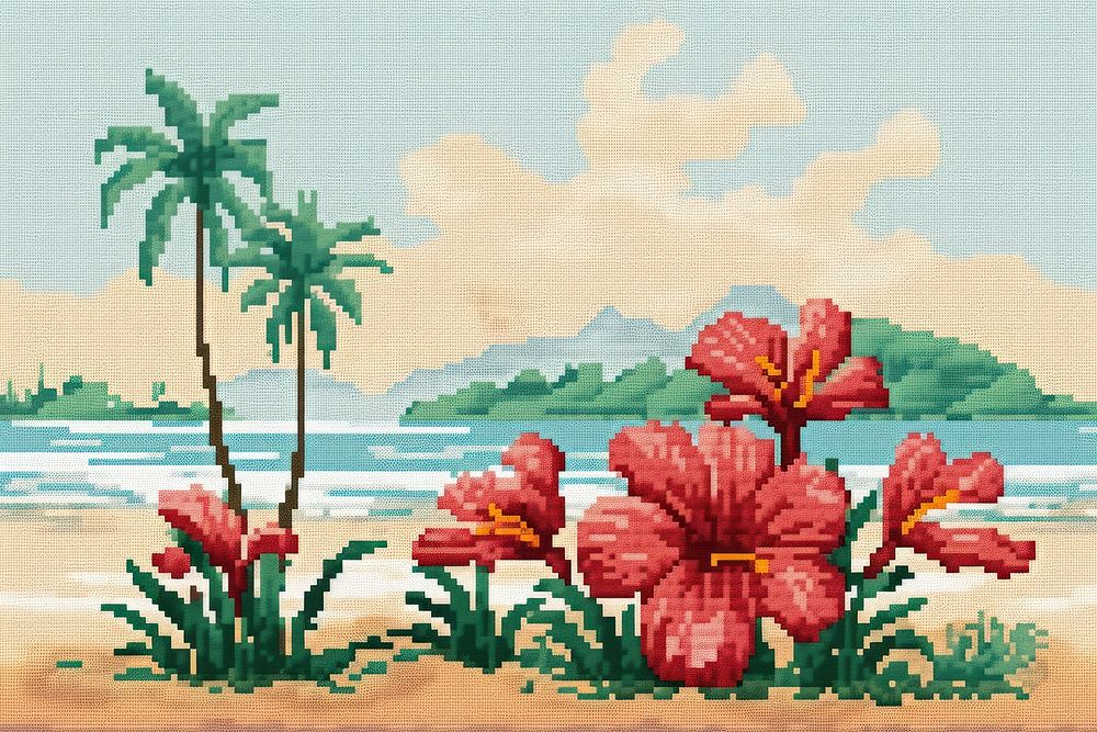 Cross stitch tropical flower shoreline painting outdoors.