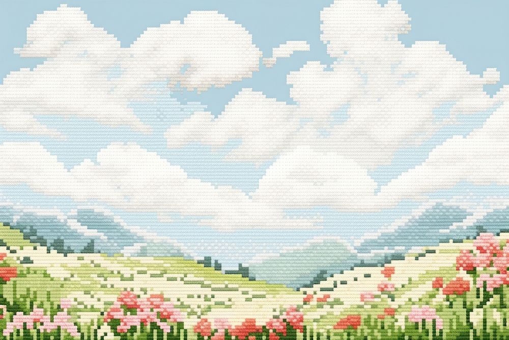 Cross stitch easter landscape outdoors painting.